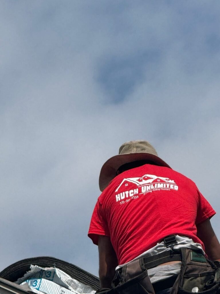 Hutch Unlimited Roofing crew shirt — roofing, siding, gutters, 515-313-7355