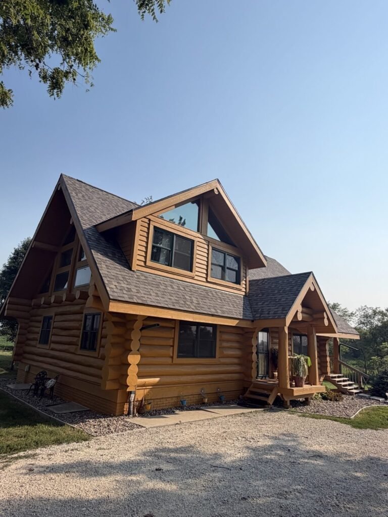 Finished log cabin roof replacement by Hutch Unlimited Roofing in Iowa