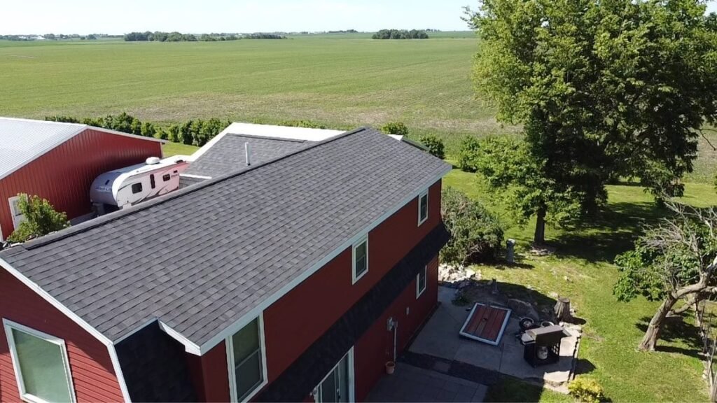 Aerial view of new gray architectural shingle roof by Hutch Unlimited Roofing, Iowa
